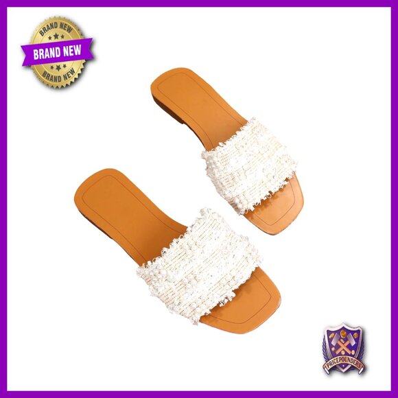 Amazon.com: Women 2021 New Flat Sandals Ladies Low Heel Open  Faux Leather Flat Sandals with Pearl Decor Summer Beach Slides